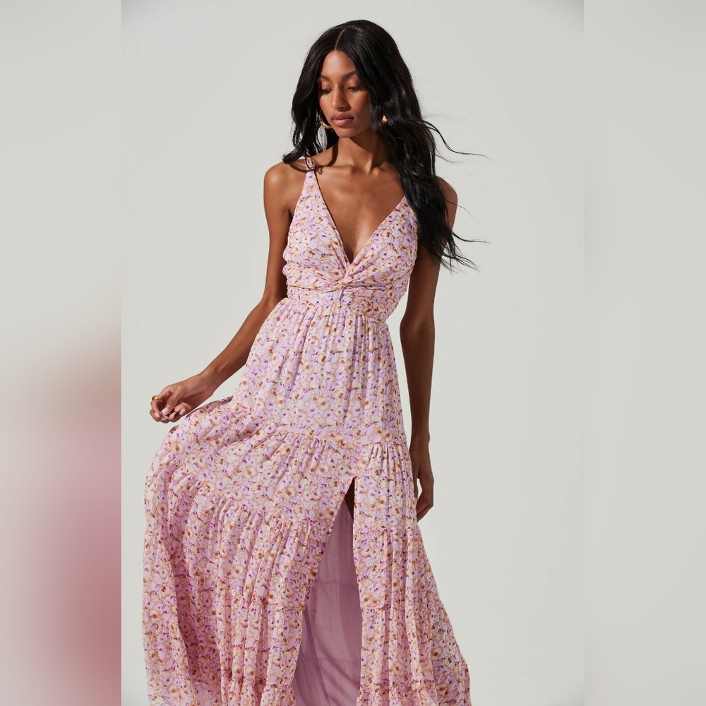 Astr Floral Pink Maxi Dress with V-Neck and Side Slit